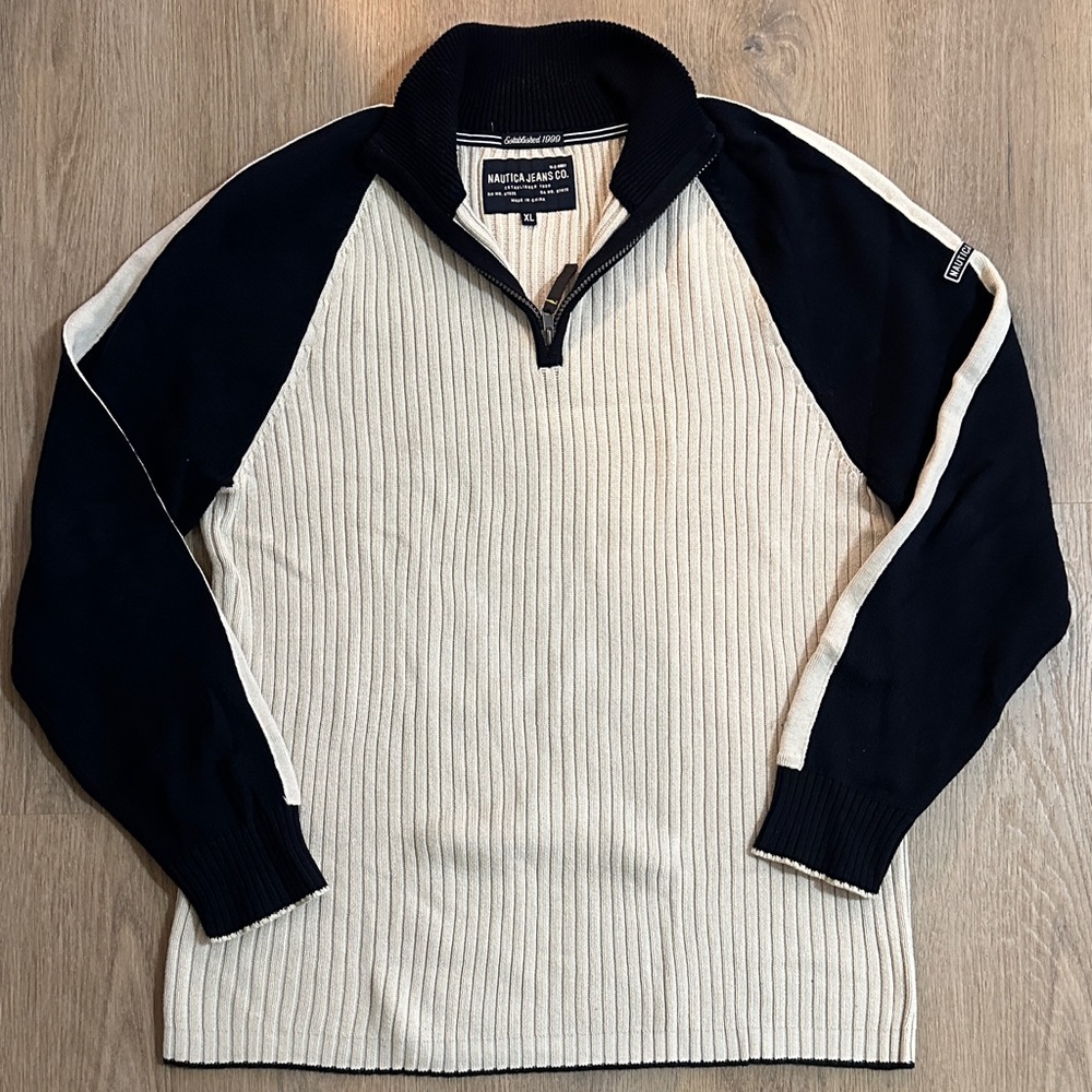 Nautica Cream & Navy Ribbed Quarter-Zip Pullover